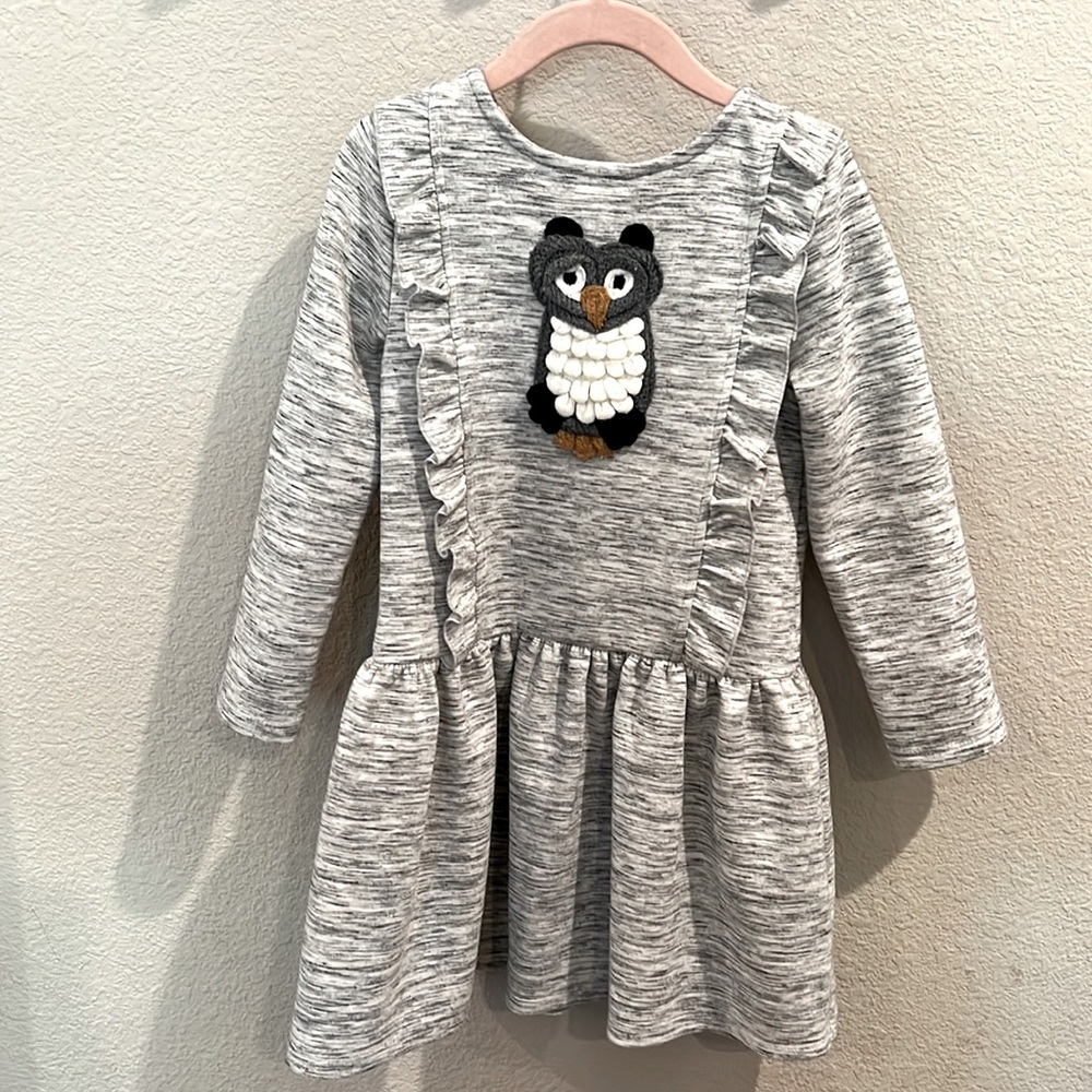 Heather gray sweater dress with crocheted owl